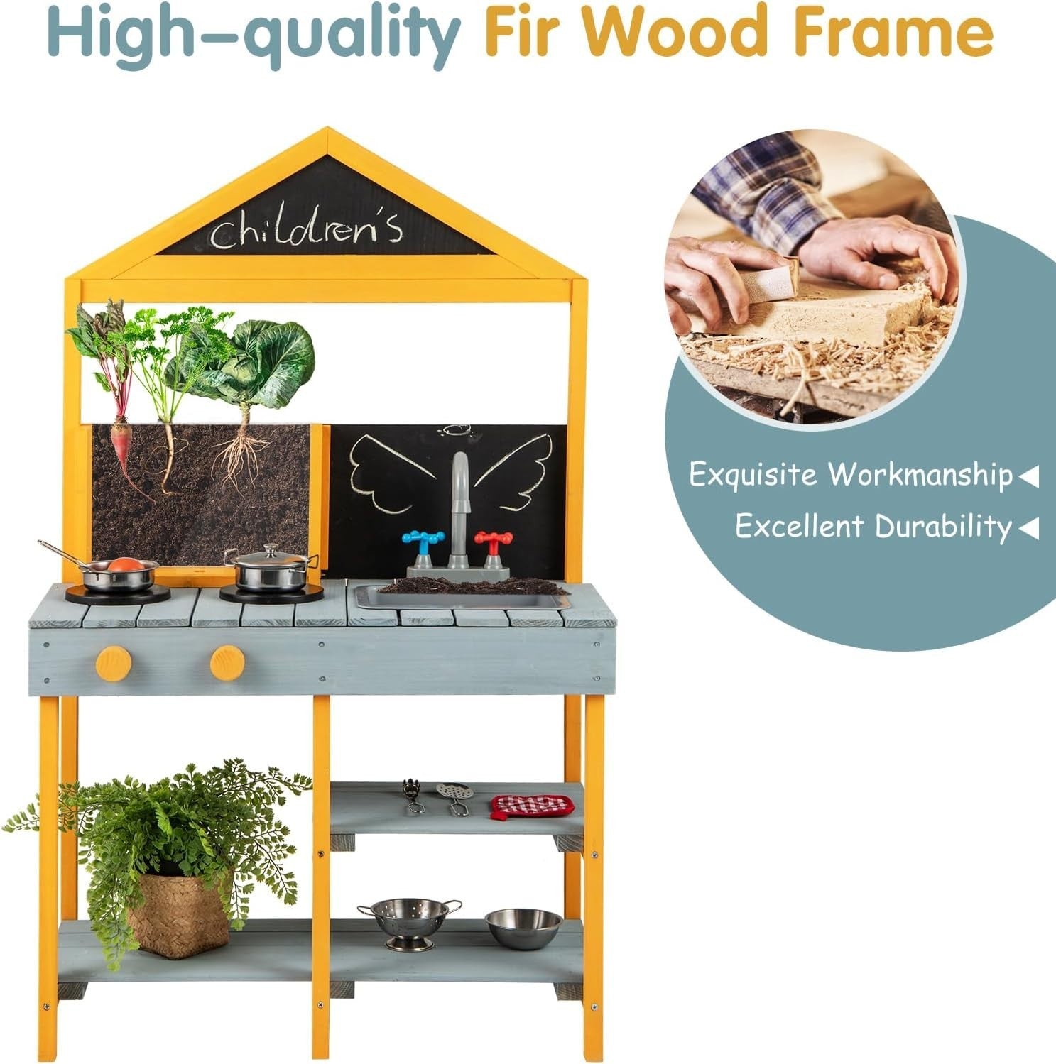 Outdoor Wooden Mud Kitchen Kids Playset Sink Chalkboard Planter Toy