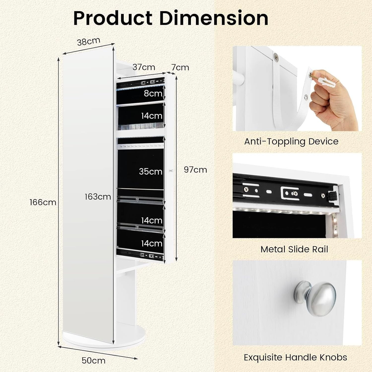 White 360° Rotating LED Jewellery Cabinet Mirror with Coat Rack