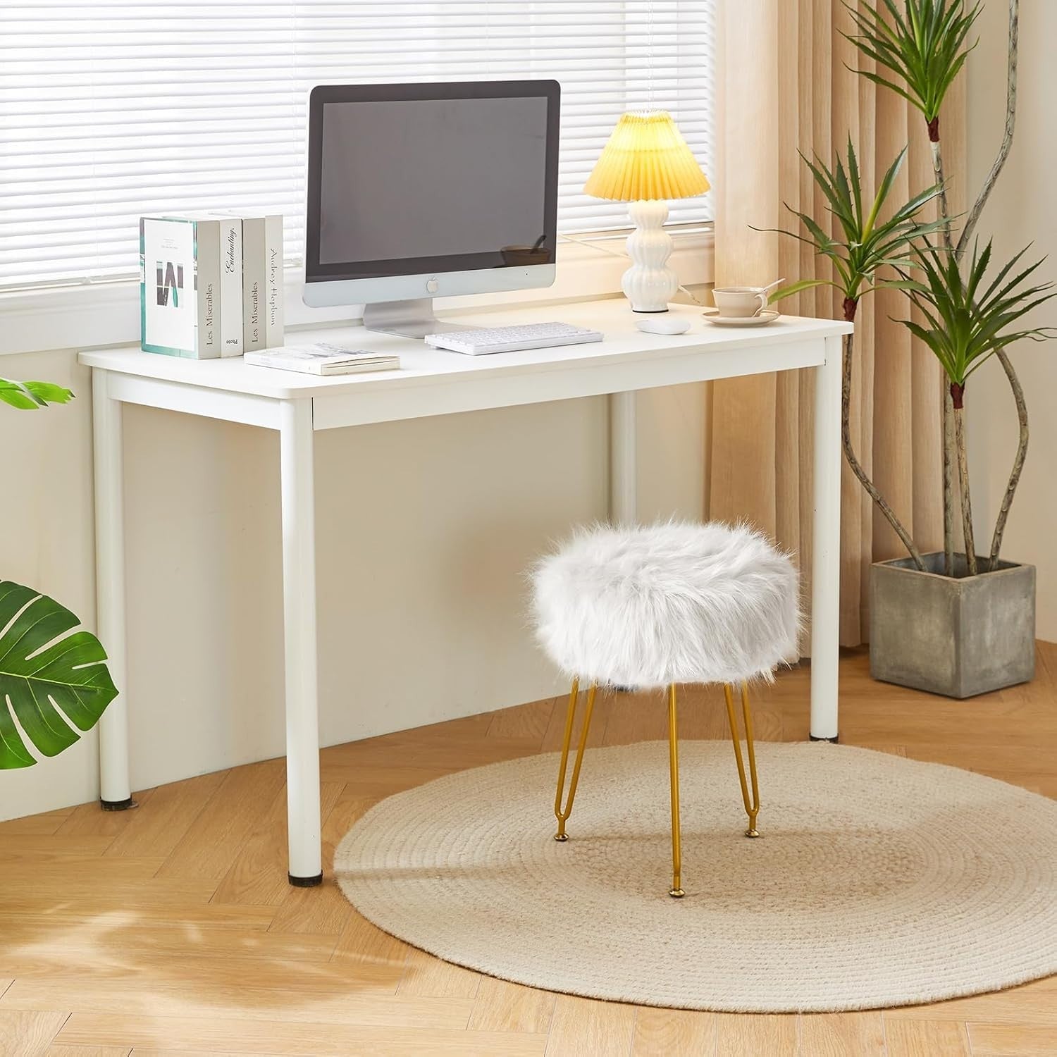 White Faux Fur Vanity Stool with Storage – Round Makeup Ottoman with Metal Legs