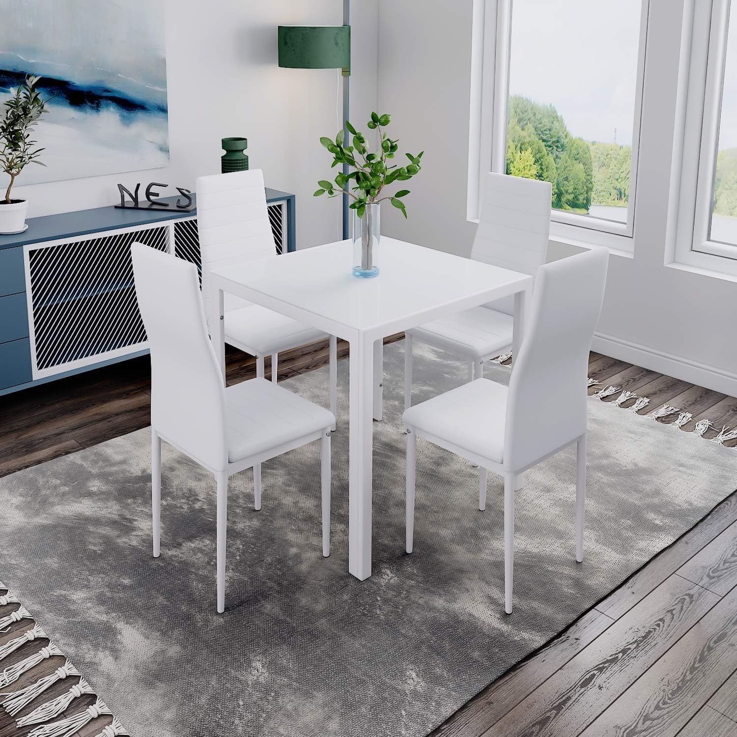 Modern White Glass Dining Table Set with 4 Faux Leather Chairs – 75cm Square