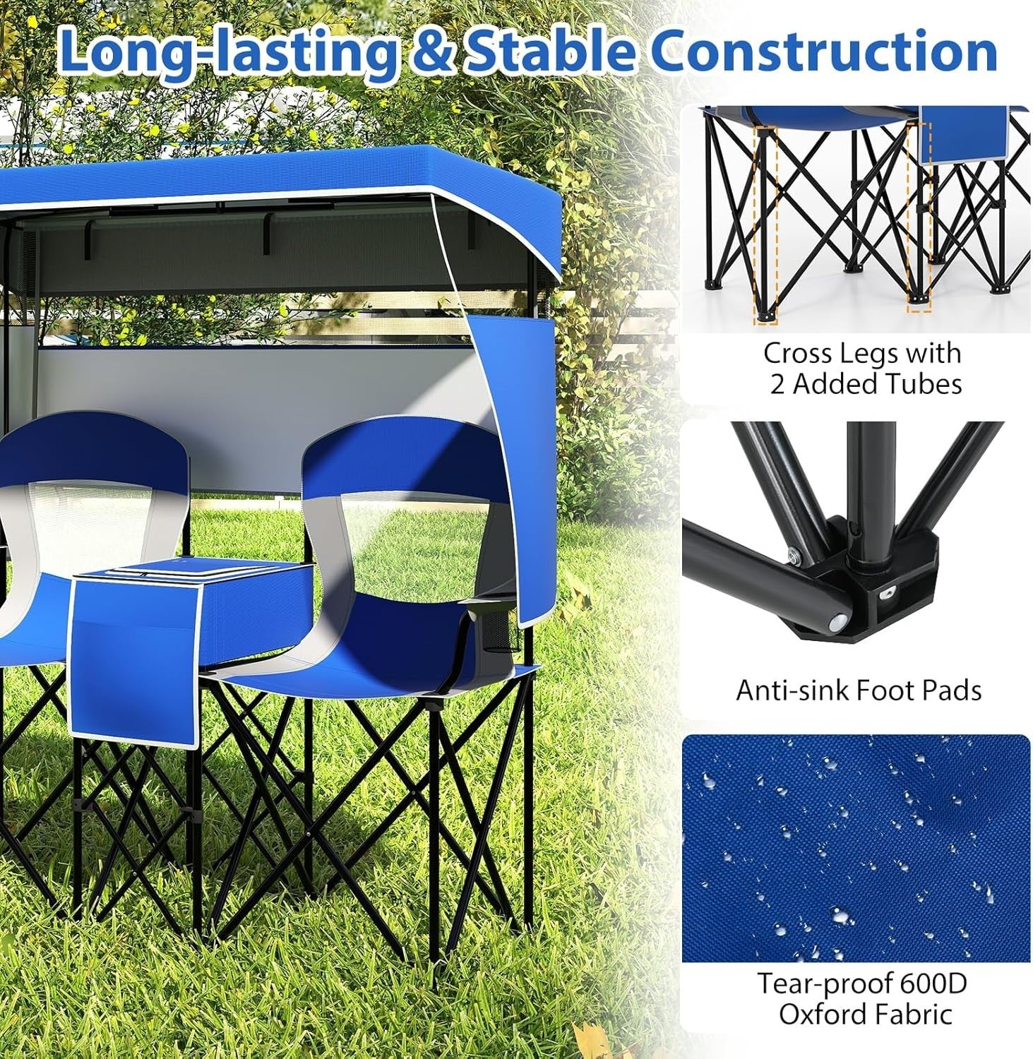 2 Seater Folding Camping Chair with Canopy, Cup Holders & Storage – Navy