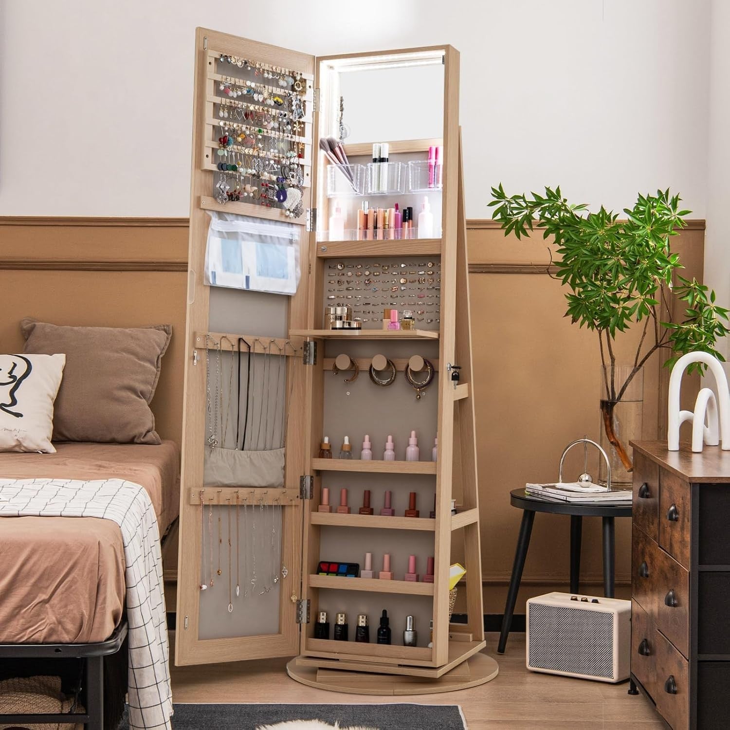 Natural Wood Rotating Jewelry Armoire LED Mirror Lockable Storage