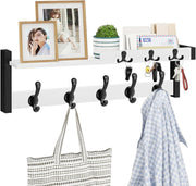 White Wall Coat Rack 29" Wood Shelf with Hooks & Key Holder Entryway Organizer