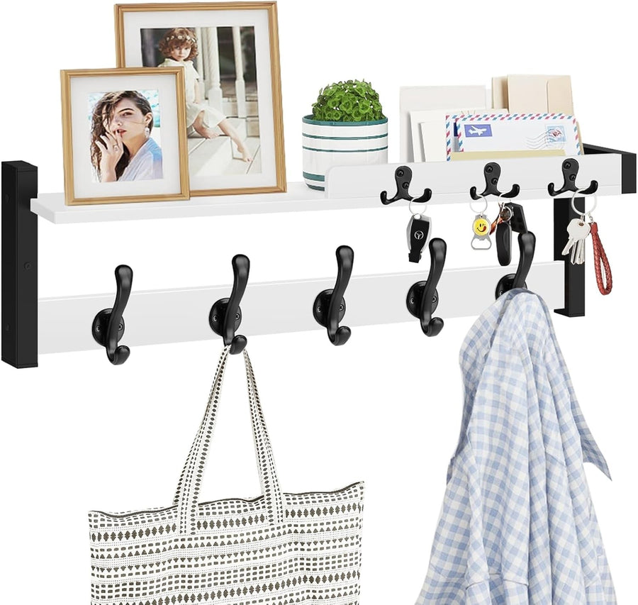 White Wall Coat Rack 29" Wood Shelf with Hooks & Key Holder Entryway Organizer