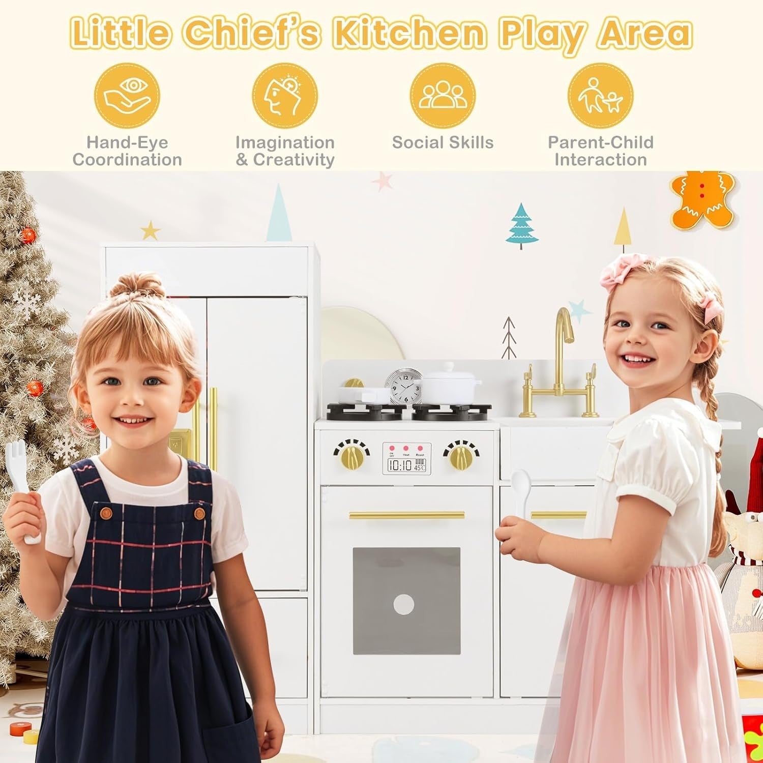 Wooden Kids Play Kitchen White w/ Fridge Ice Maker Accessories