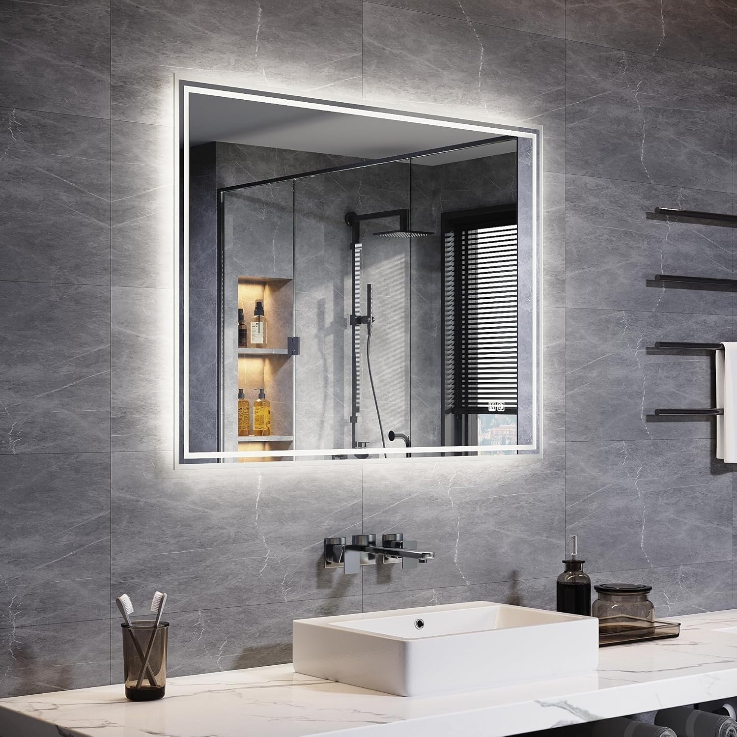LED Bathroom Mirror 90x70cm Wall Mounted Anti-Fog Sensor Light Heated Pad