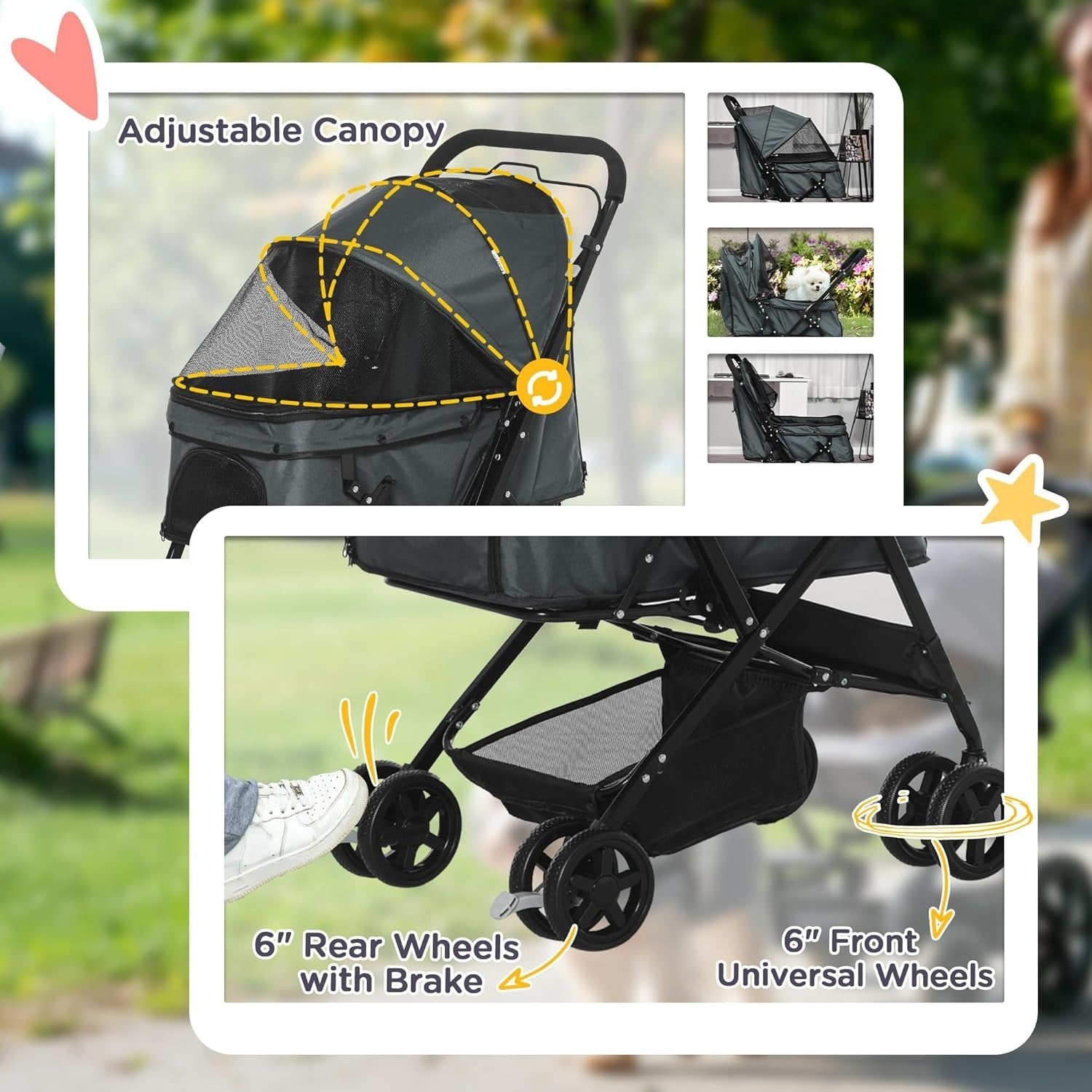 Grey Foldable Dog Stroller with Reversible Handle EVA Wheels Storage