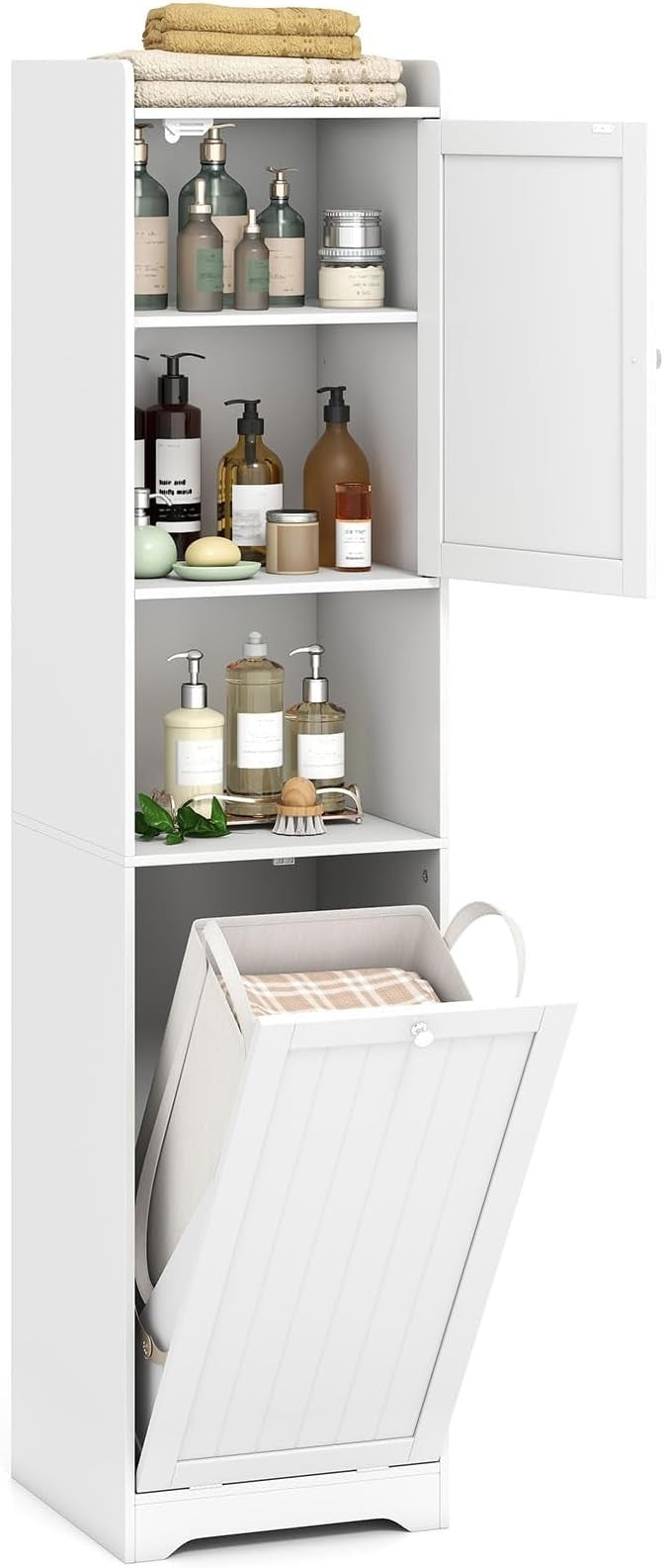 Bathroom Tall Cabinet with Tilt-Out Laundry Basket, Slim Bathroom Storage