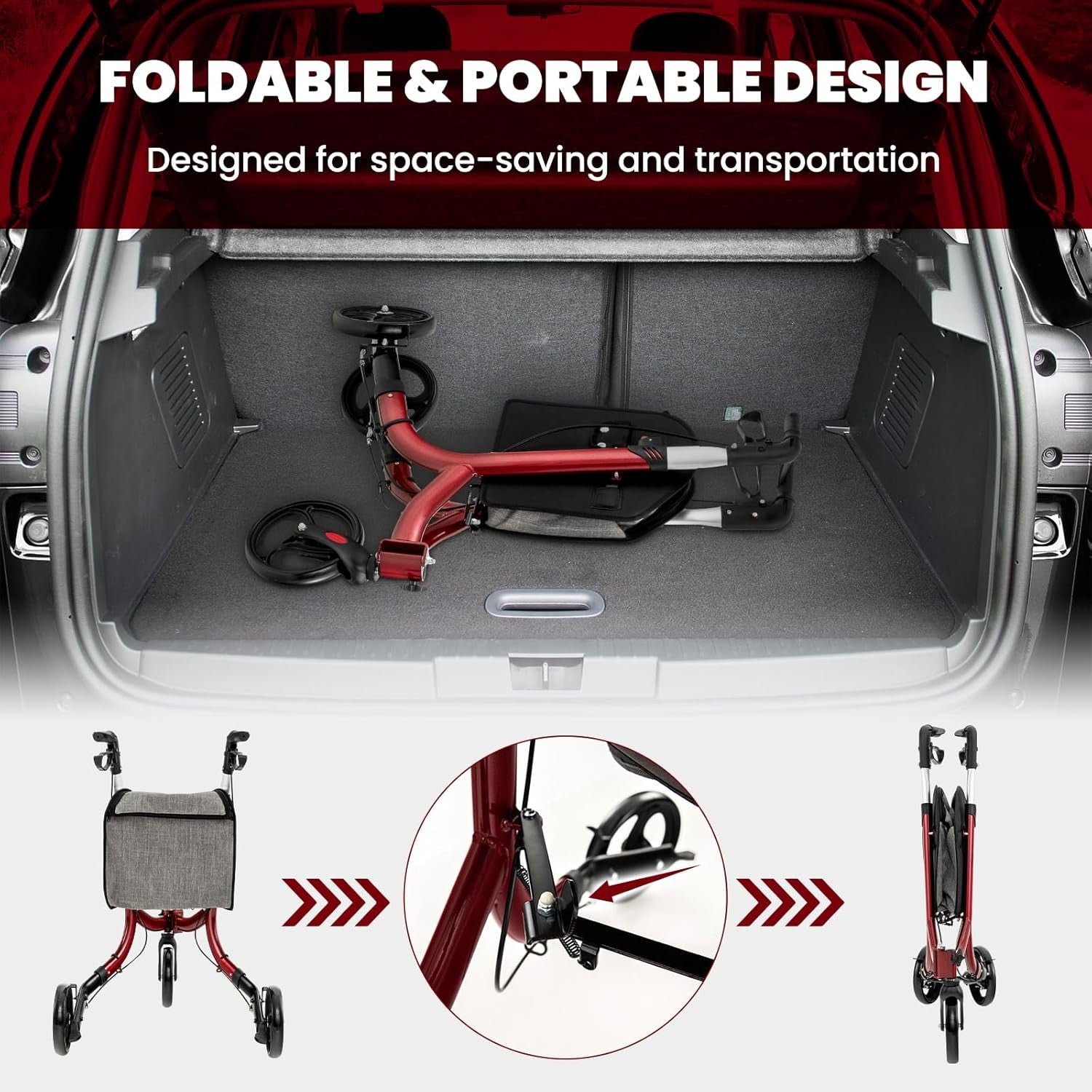 3 Wheel Folding Rollator Walker Lightweight Adjustable Mobility Aid Brakes