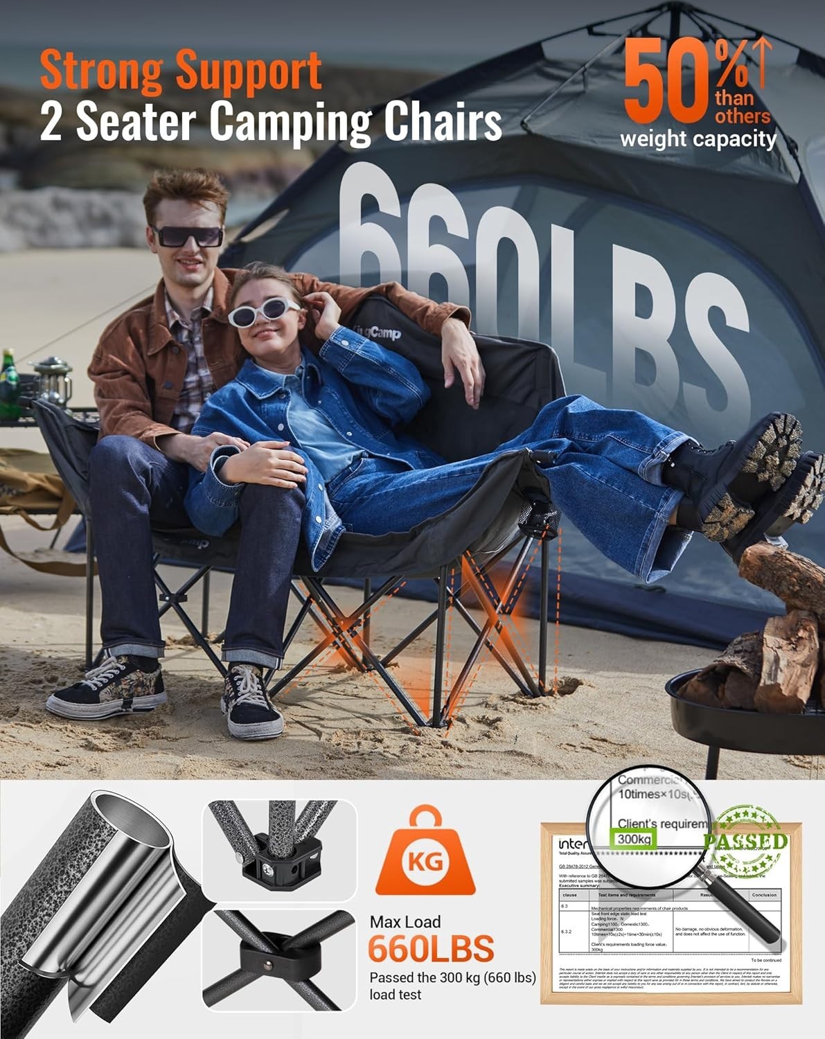 660lbs Heavy Duty Folding Camping Sofa Chair 2 Seater Outdoor Padded