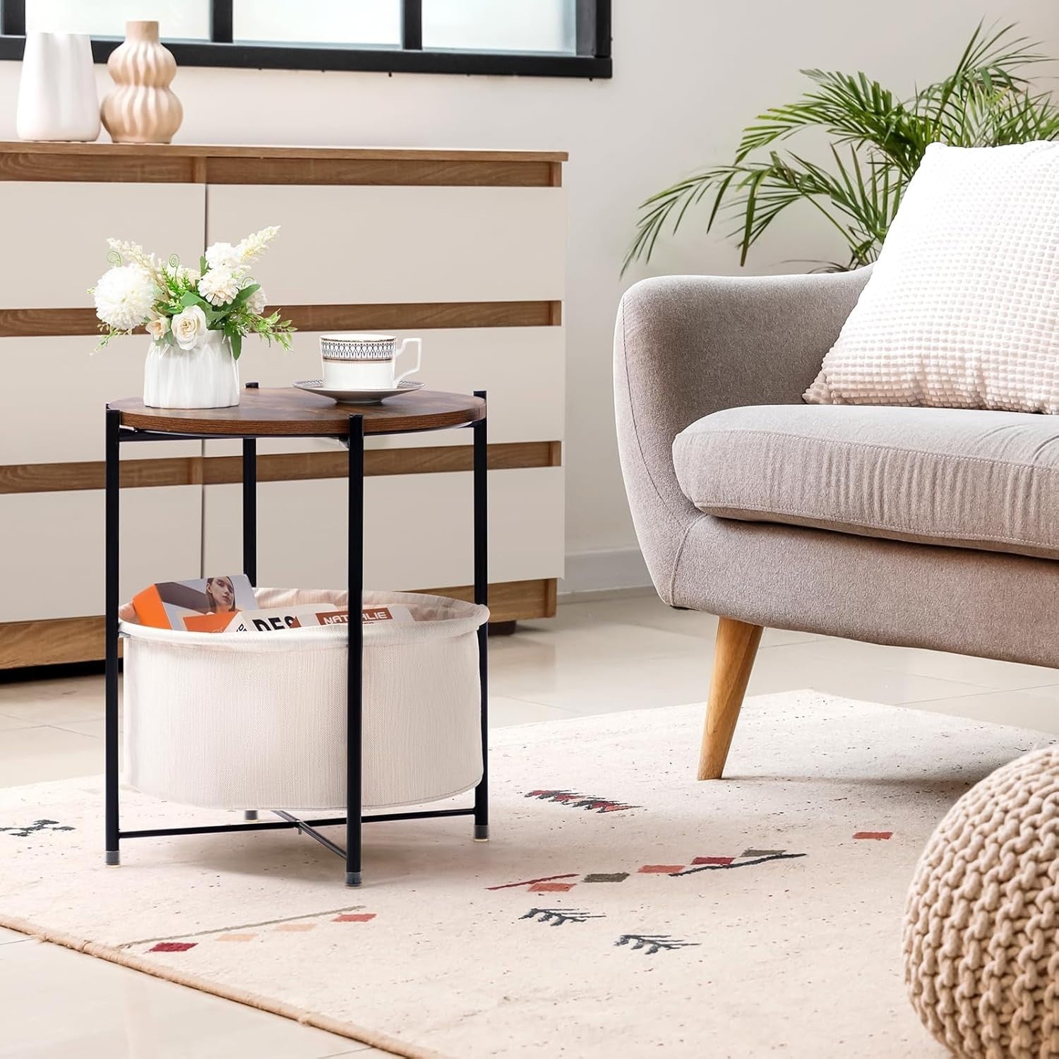 Round Side Table with Fabric Basket Storage Small Coffee Table Living Room
