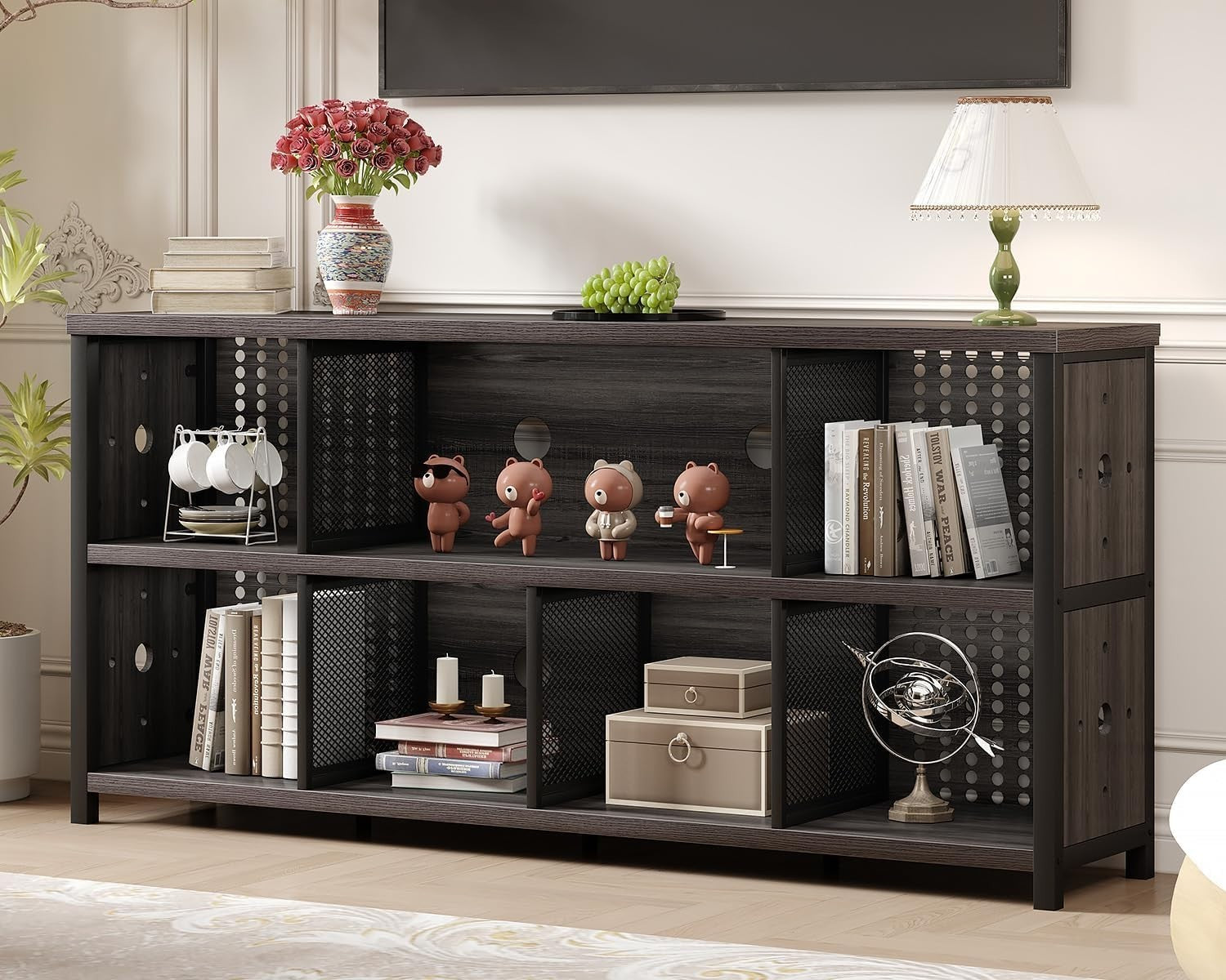 Grey Oak 8 Cube Wooden Bookcase Storage Cabinet Industrial Style 160x34x76cm