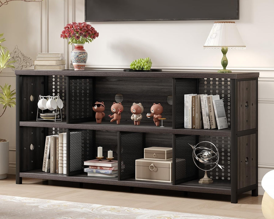 Grey Oak 8 Cube Wooden Bookcase Storage Cabinet Industrial Style 160x34x76cm