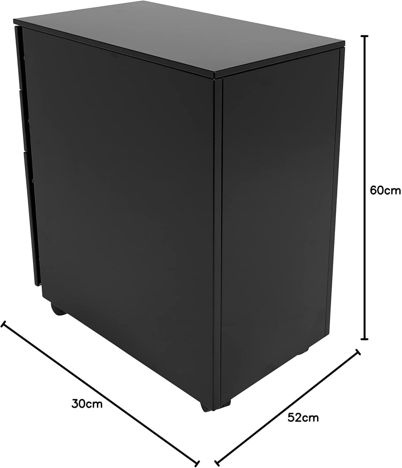 Black Narrow Under Desk Filing Cabinet 3 Drawer Lockable 60cm