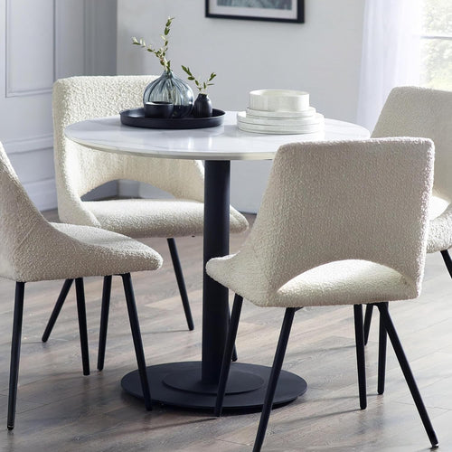Round White Marble Dining Table with Black Metal Base – Compact & Durable