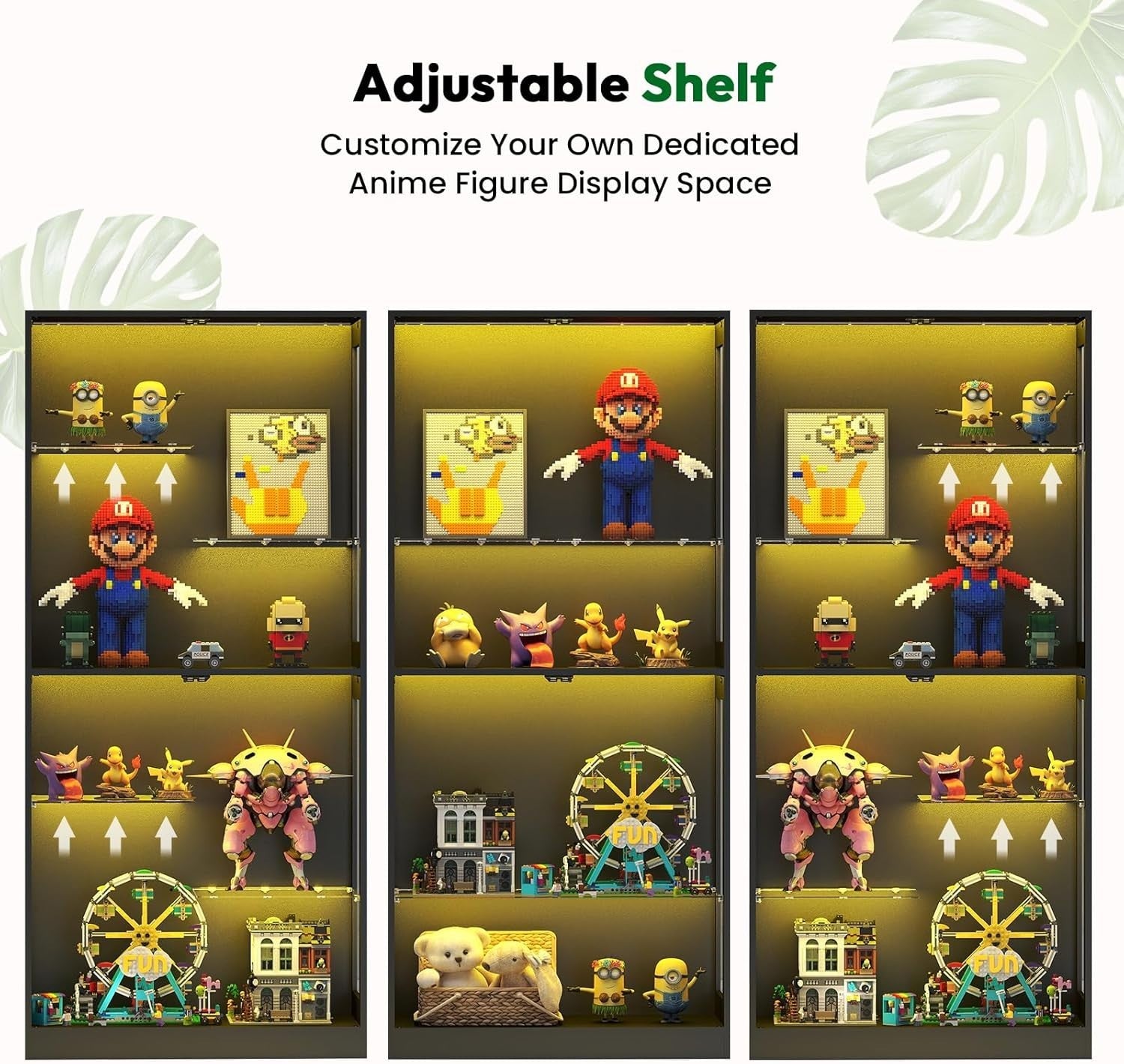 Glass Display Cabinet with RGB LED Lights Adjustable Shelves & Magnetic Doors