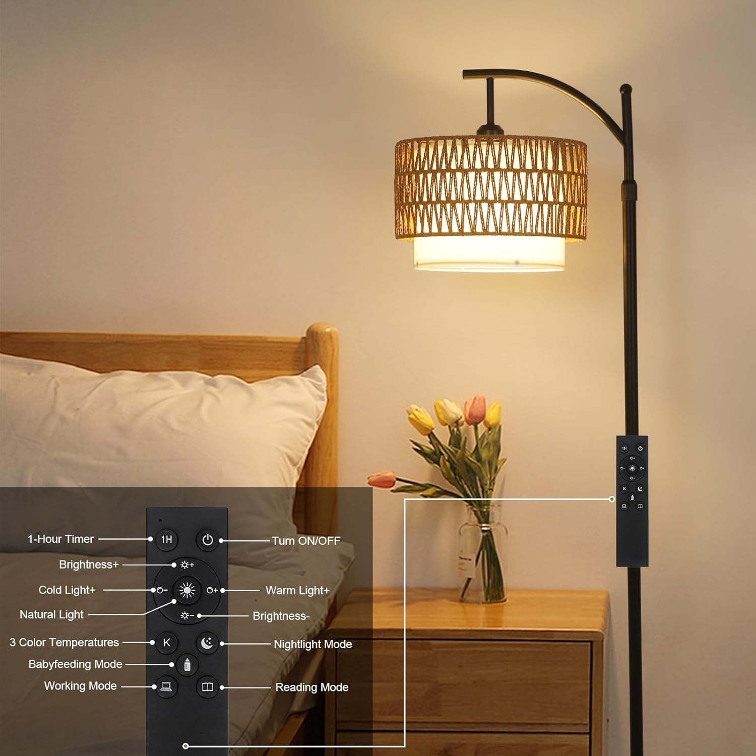 Arc Floor Lamp Remote Control Dimmable Boho Rattan Linen Shade Reading Light