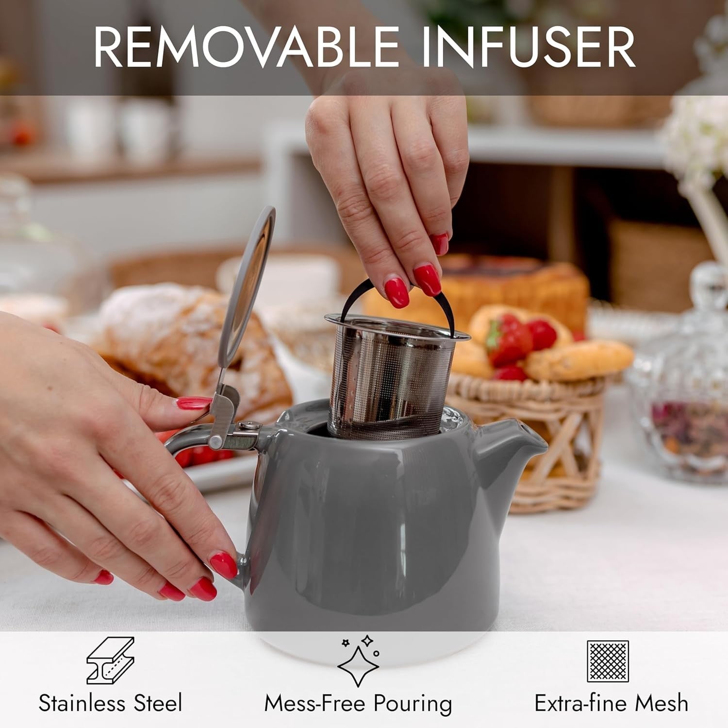Ceramic Teapot with Infuser 550ml Loose Leaf Tea Pot for 2 Cups Grey
