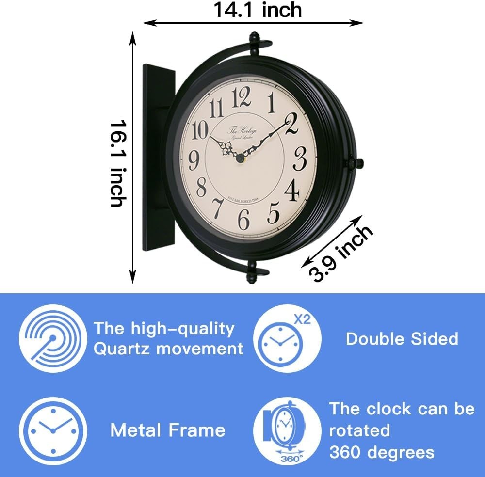 16” Double Sided Wall Clock Black Iron Retro Station Outdoor Indoor Decor