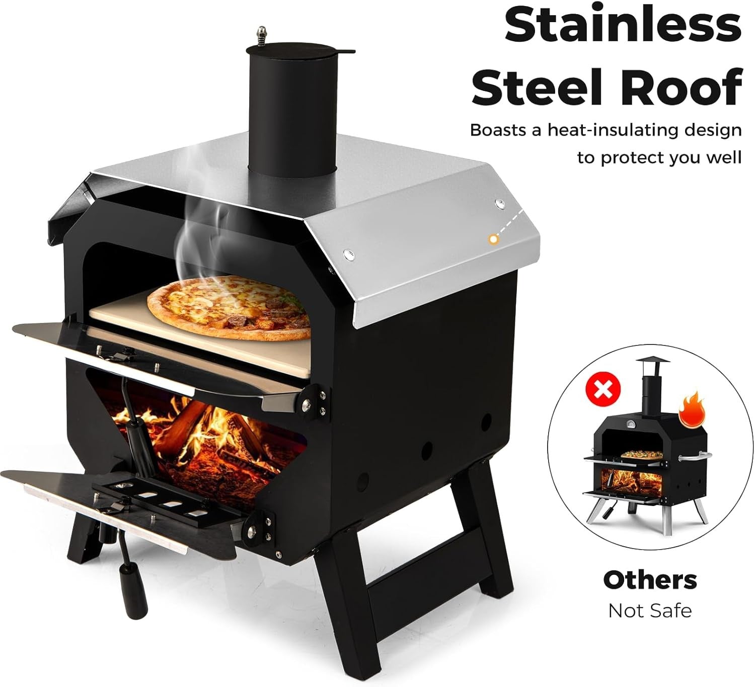 2-Tier Outdoor Wood Fired Pizza Oven BBQ Grill Cooker w Stone Steel Roof 45x61cm