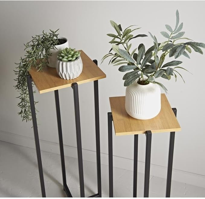 Set of 2 Tall Plant Stands Metal Wood Indoor Outdoor Modern Flower Pot Holders