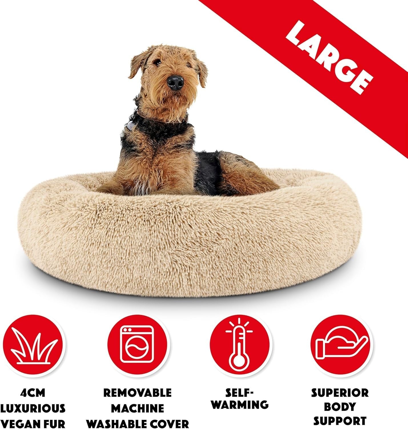 Large Plush Donut Dog Bed 91cm Calming Round Nest Washable