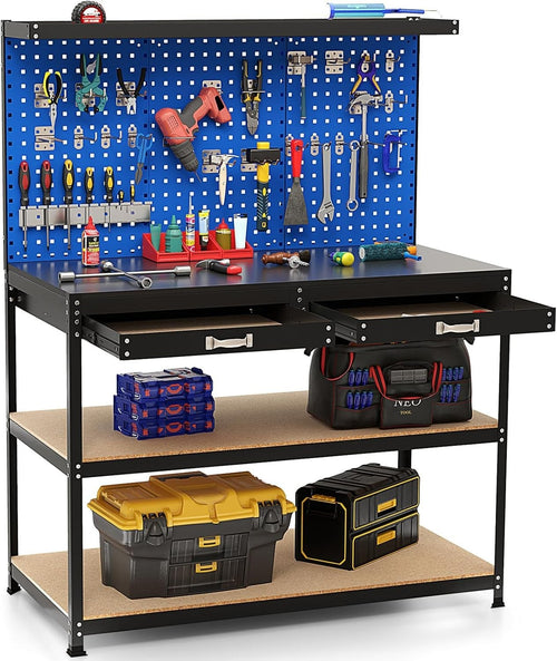 Heavy Duty Garage Workbench with Pegboard Drawers Hooks Tool Station 121x61