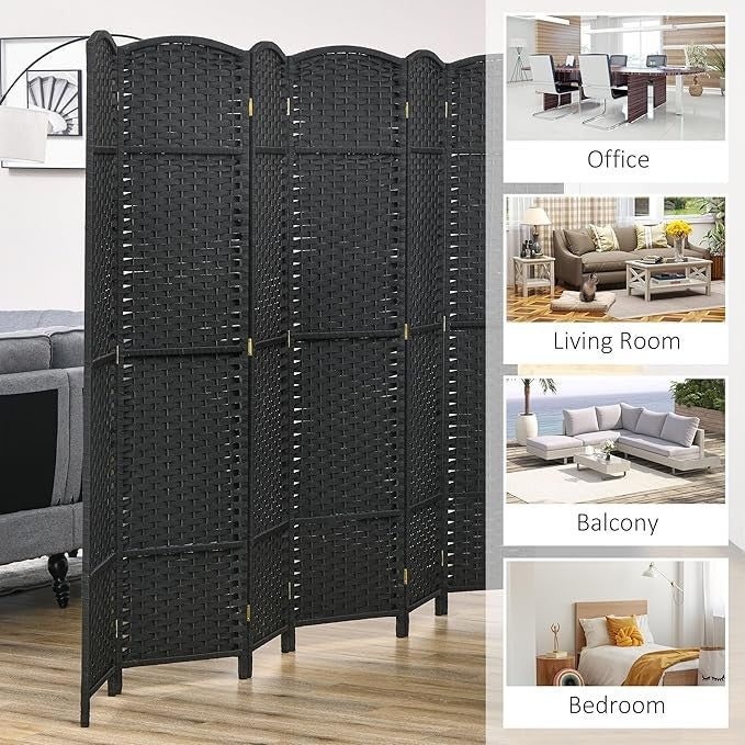Black 6 Panel Folding Room Divider – Freestanding Privacy Screen for Home Office