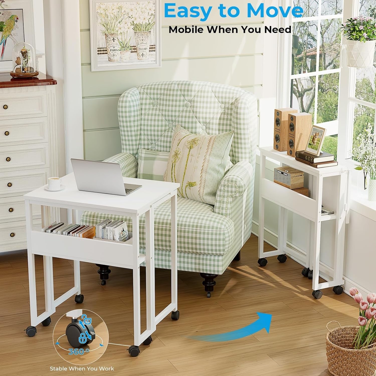 Folding Computer Desk on Wheels with Storage Shelf Space Saving White 63cm