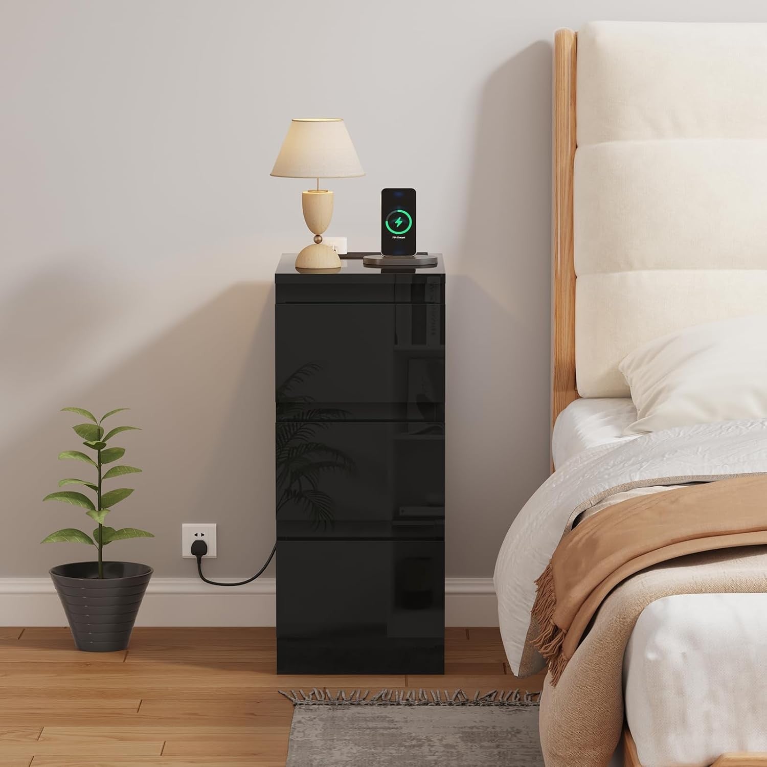 Black Bedside Table with USB Charging Ports, Slim 3-Drawer Narrow Nightstand