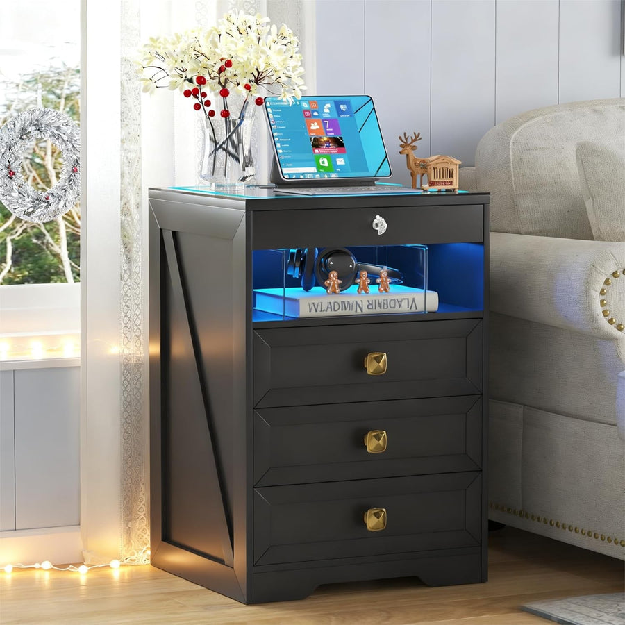 Black LED Bedside Table Wireless Charging, Glass Top & Hidden Drawer
