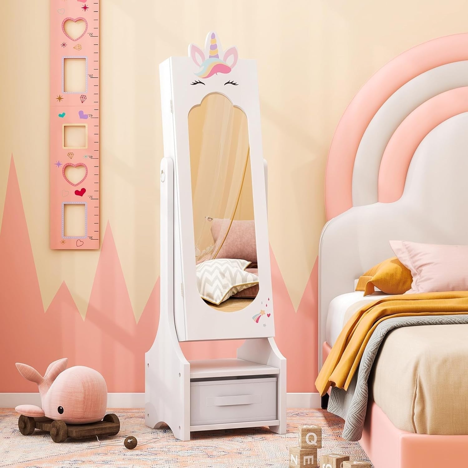 Kids Jewelry Cabinet Mirror Organizer Adjustable Princess Storage Unicorn