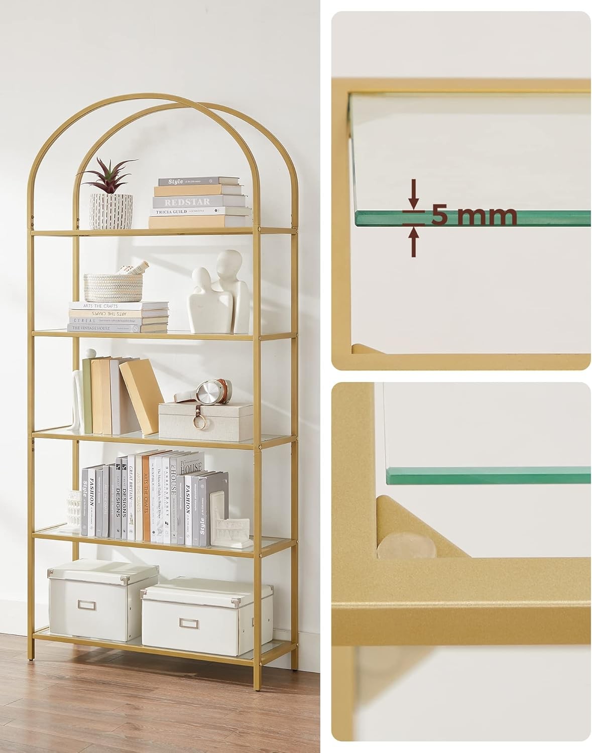 5-Tier Gold Arched Glass Shelf Unit Modern Tall Display Storage Rack