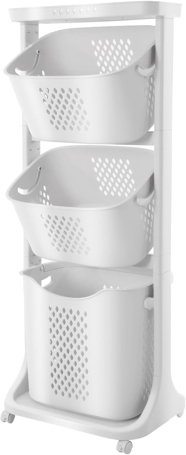4-Tier Laundry Cart with Wheels Space Saving Hamper & Storage Baskets White