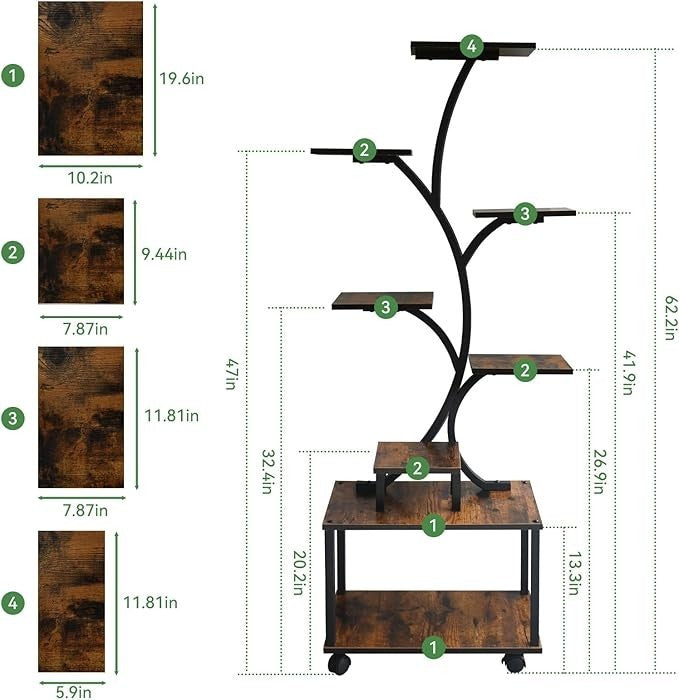 8 Tier Metal Wood Plant Stand with Grow Light Tall Flower Shelf Indoor Outdoor