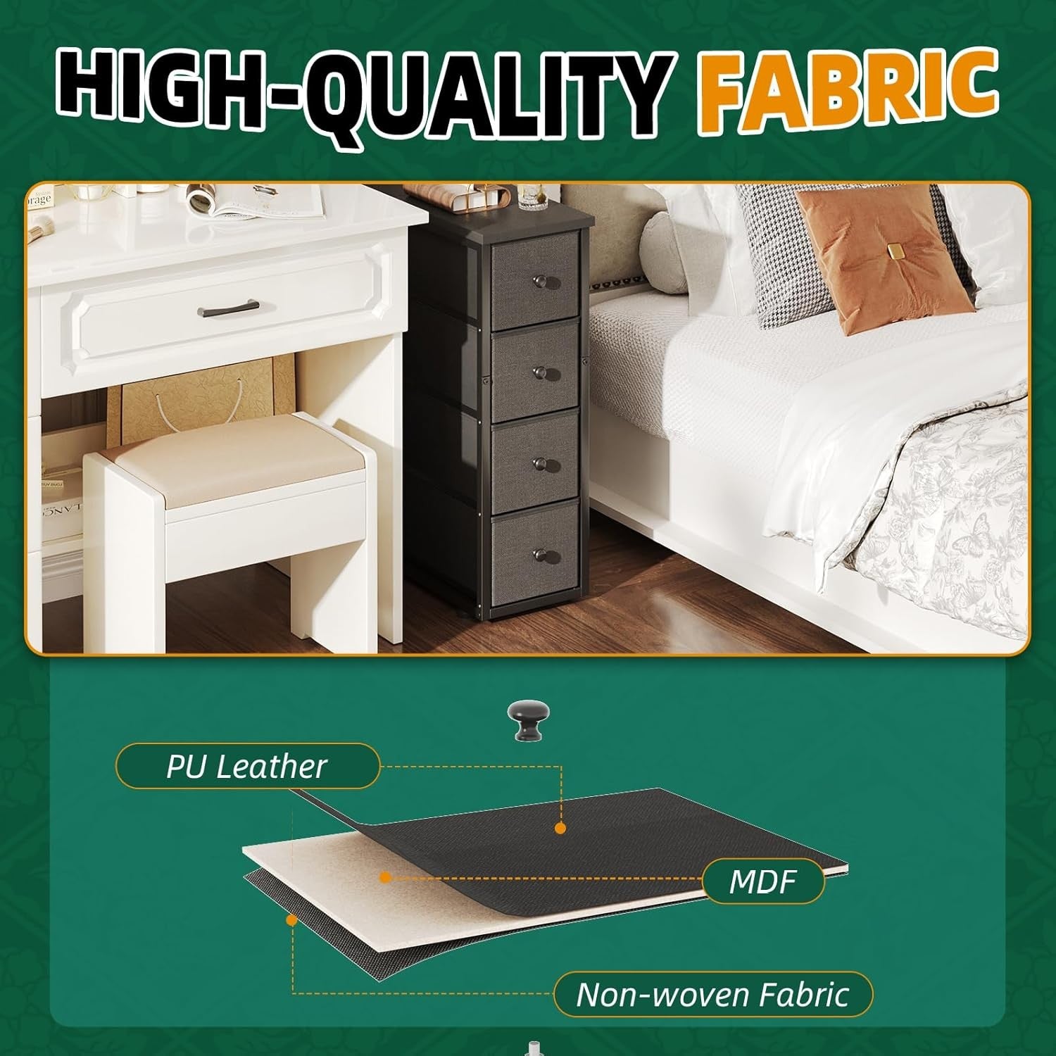 Slim Tall 5 Drawer Storage Cabinet Bedroom Narrow Unit with Wood Top Black