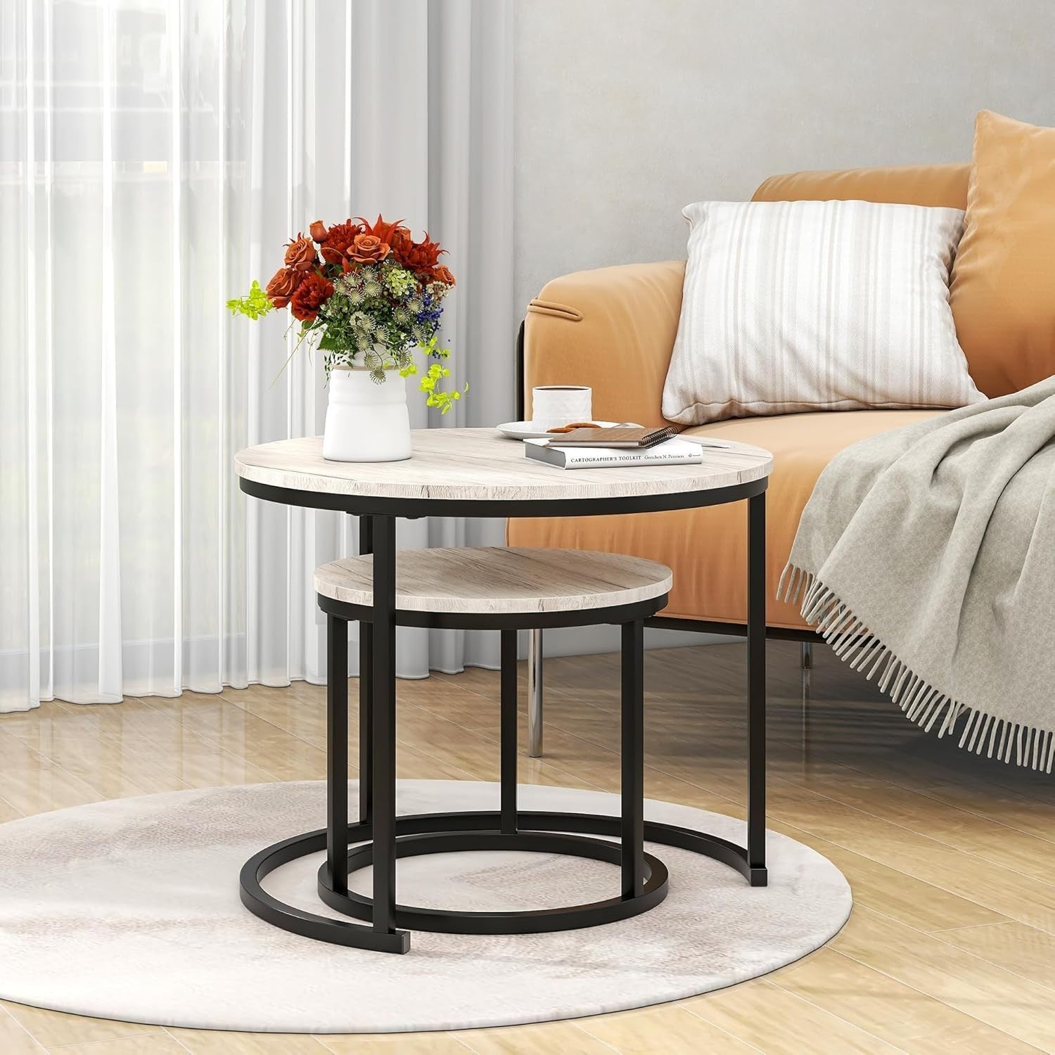 2-Piece Round Nesting Coffee Table Set with Oak Wood Top & Black Metal Frame