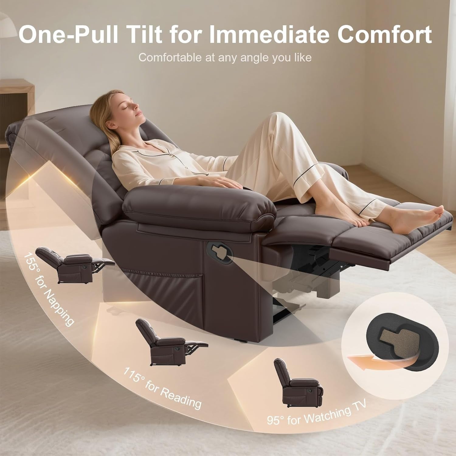 Manual Recliner Chair Massage Heat 135° Recline Footrest Dual Pockets Brown
