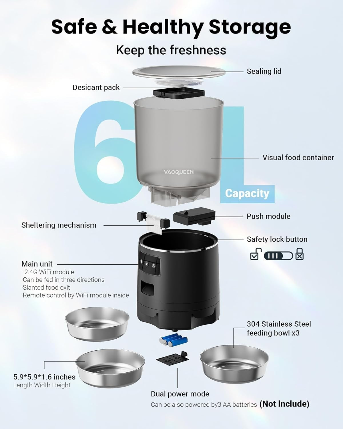 Automatic Cat Feeder for 3 Cats 6L WiFi Pet Food Dispenser Timer