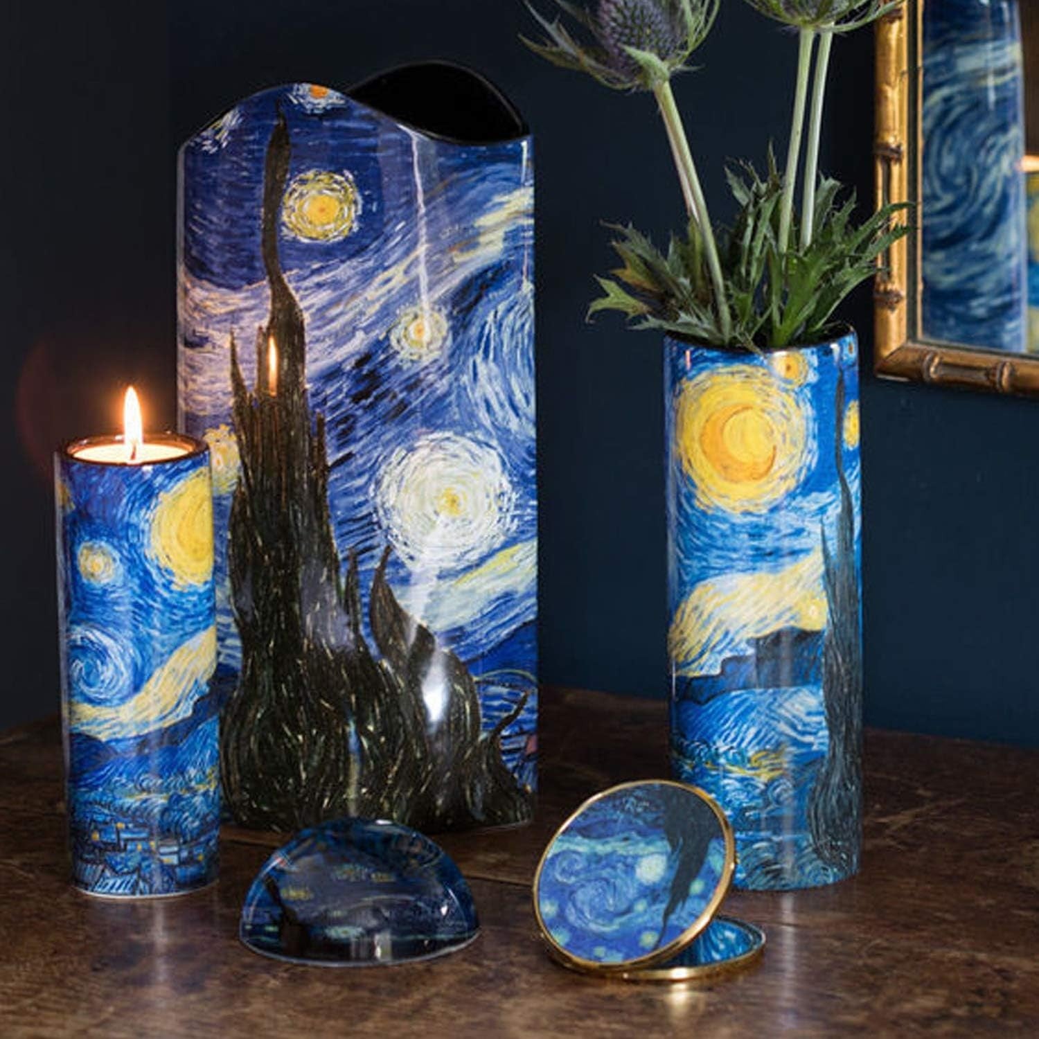 Blue Yellow Starry Art Ceramic Vase Tall Decorative Cylinder Home Decor