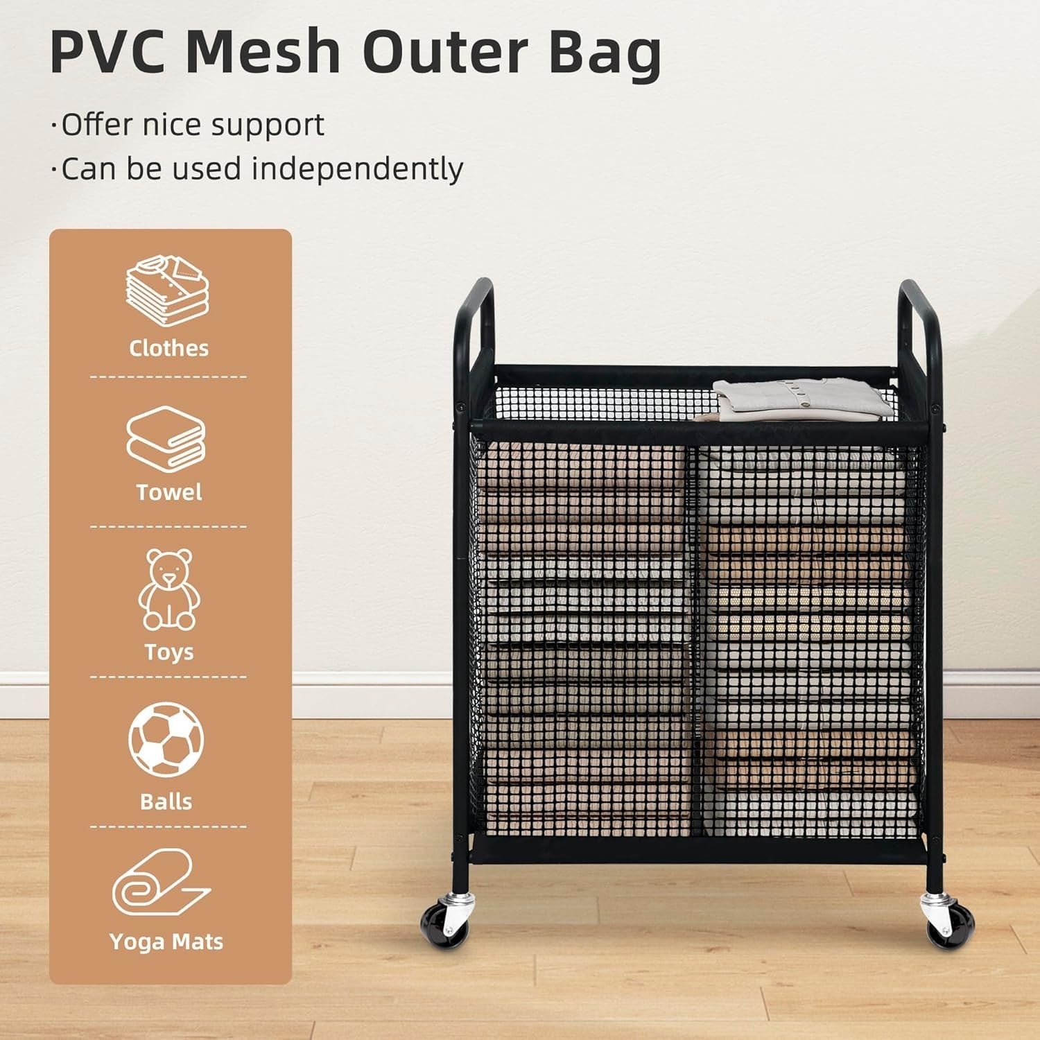 100L 2-Section Rolling Laundry Hamper | Removable Bags | Beige Laundry Cart Whee