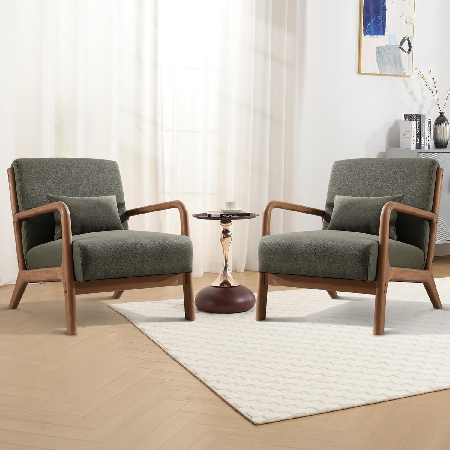 2x Mid Century Lounge Chairs – Solid Wood Frame, High Back, Linen Seat