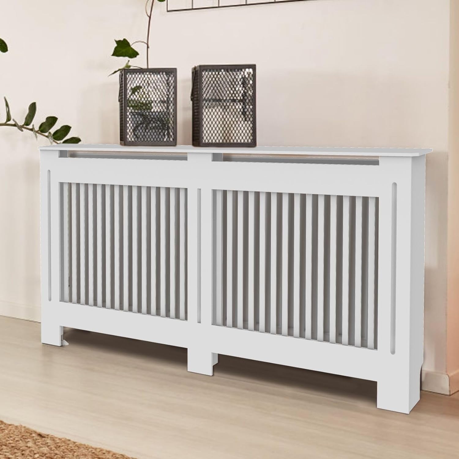 Large Radiator Cover White MDF Cabinet | Vertical Slats Tall Shelf 100cm