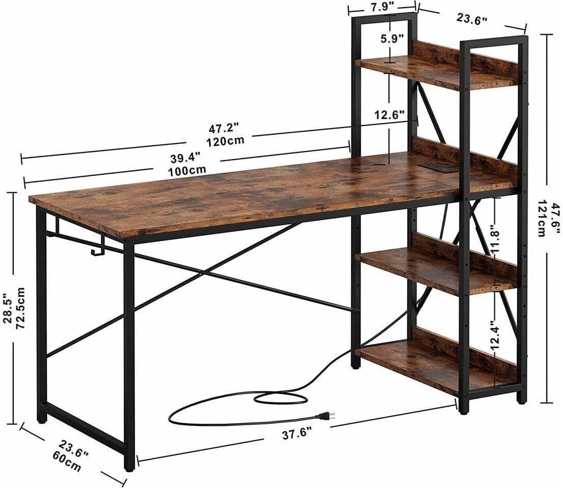4 Tier Reversible Computer Desk 120cm Rustic Industrial Table w/ USB & Sockets