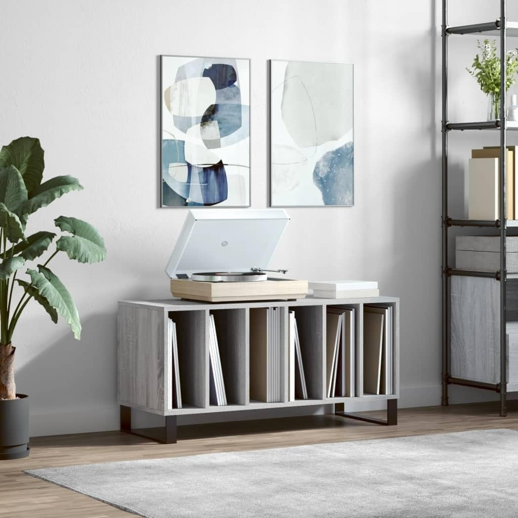 Grey LP Vinyl Record Cabinet w/ Iron Legs – 3-Tier Wood Storage Unit