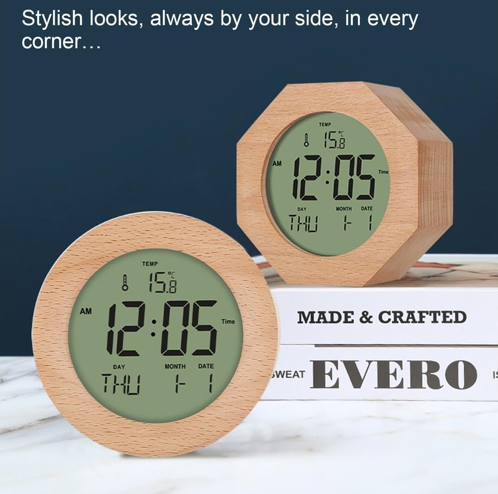 Wooden Digital Alarm Clock Loud Display Temp Date Snooze 12/24H