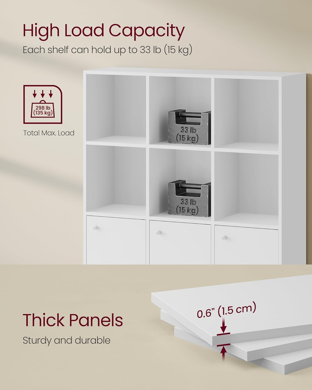 9-Cube White Bookcase with Cabinets, Modern Storage Shelf Unit for Home Office