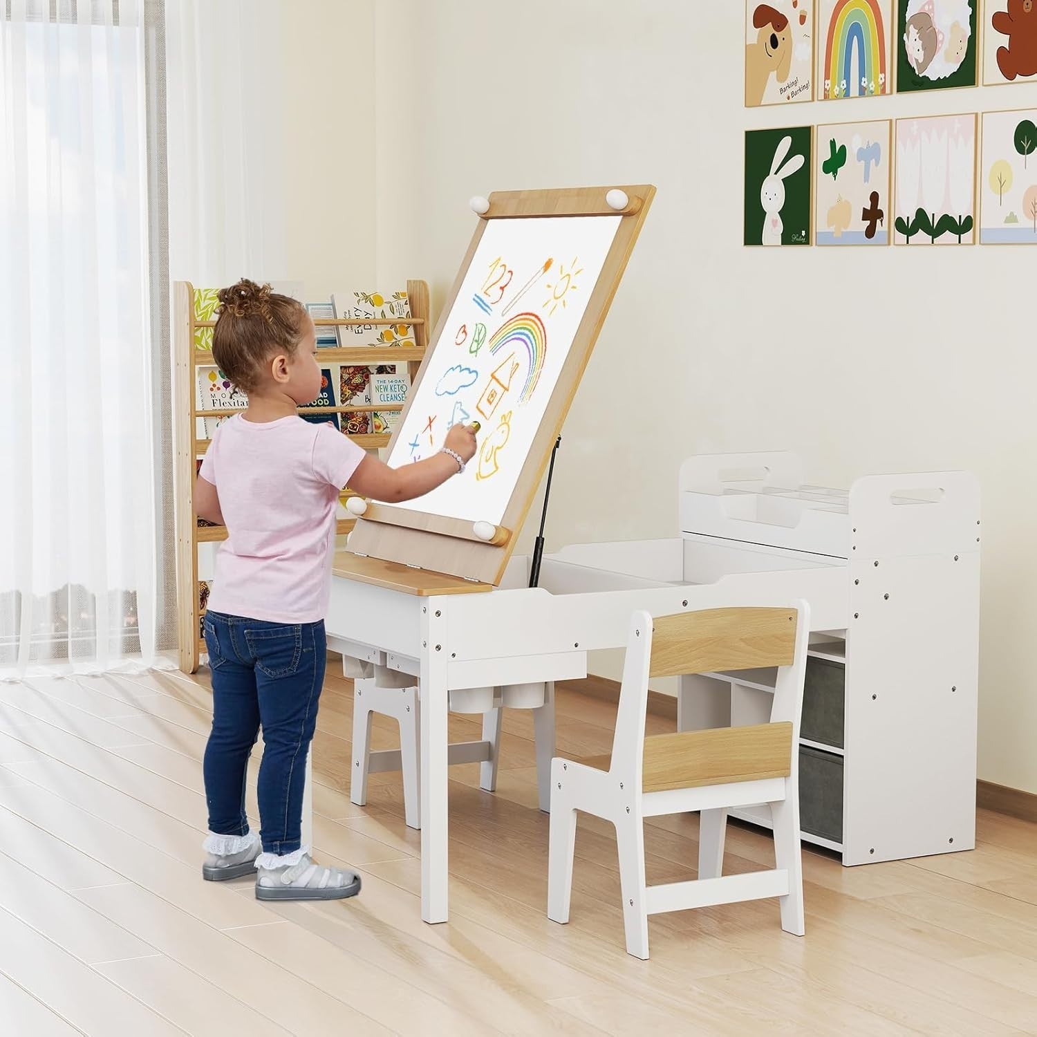 Kids Wooden Art Table and Chairs Set w/ Flip Top Easel Paper Roll Storage White