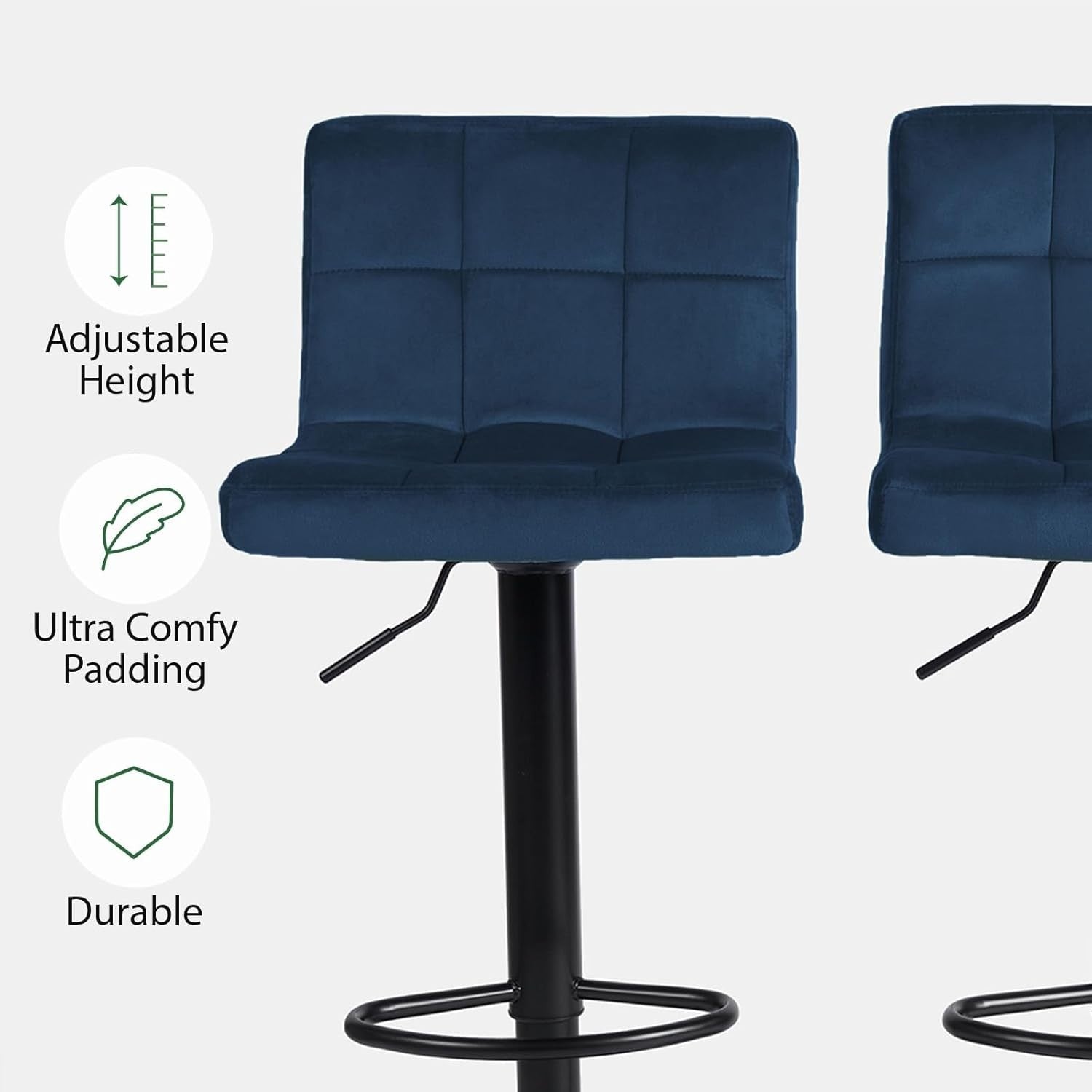 Set of 2 Adjustable Navy Blue Velvet Bar Stools with Swivel & Footrest