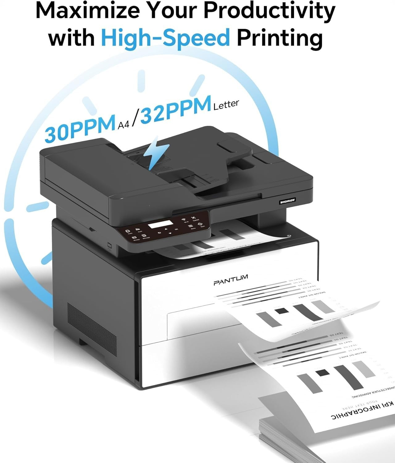 White Mono Laser Printer A4 30ppm 3-in-1 Auto Duplex WiFi USB